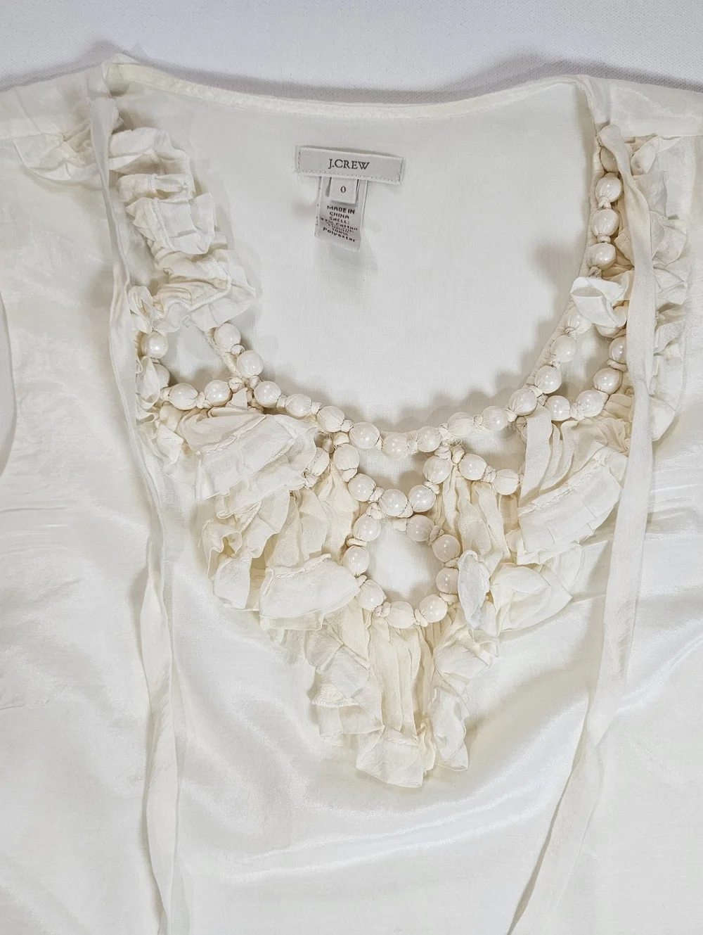 J. Crew Silk Blend Top Womens 0 Ivory Ruffle Beaded Neck‎ Boho To Formal